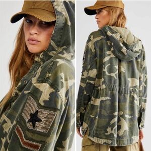 Free People Printed Ember Military Hooded Pullover